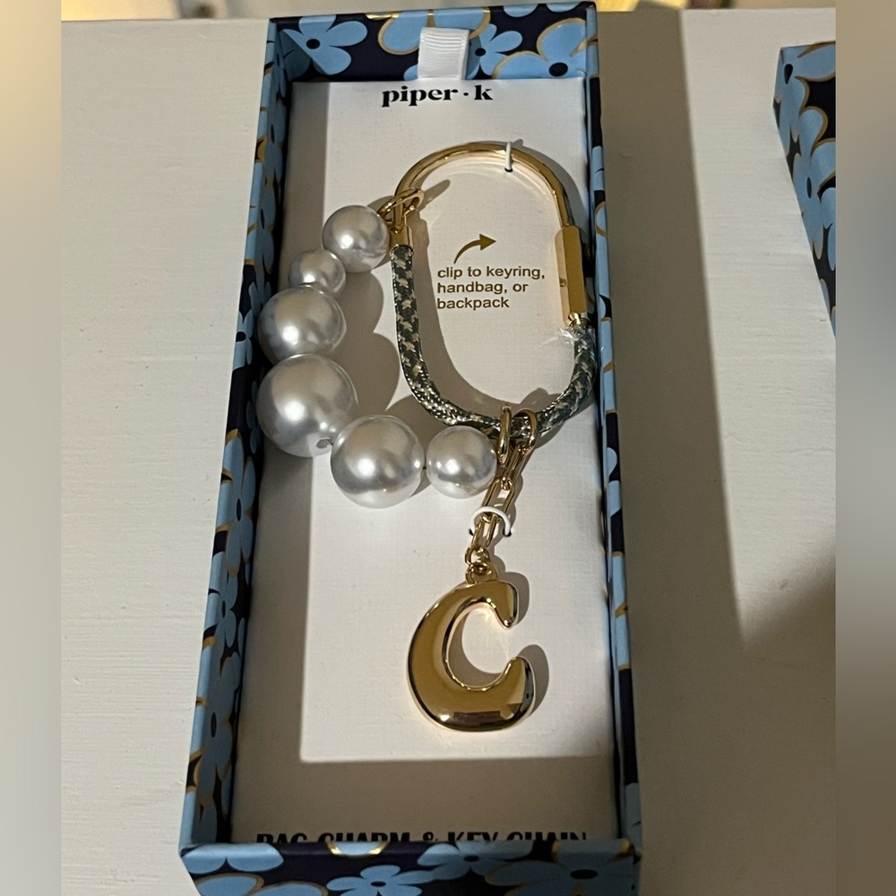 Piper K Gold Carabiner Initial “C” Bag Charm with Faux Pearls